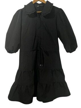 Zara Poplin Mini Dress Black Sz M Babydoll Puff Sleeve Button Front Tiered